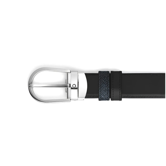 Montblanc cintura reversibile in pelle nera con fibbia argento logo e dettaglio navy blue che unisce eleganza