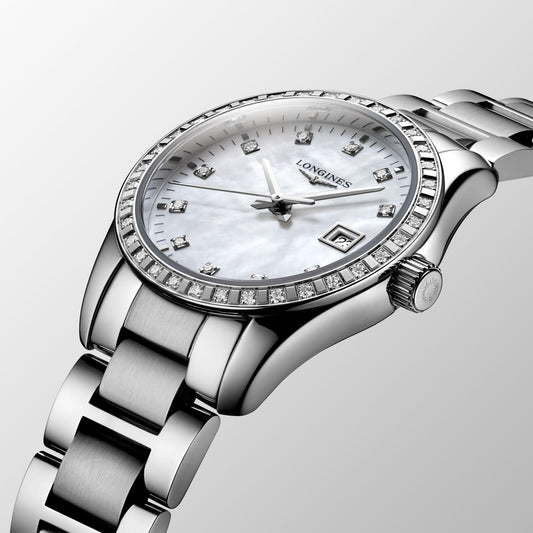 Longines Uhr Conquest Classic 29,5mm Perlmutt Diamanten Quarz Stahl L2.286.0.87.6