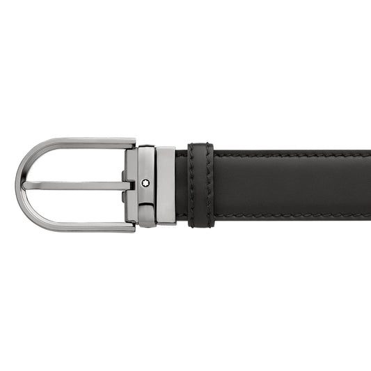 Montblanc Gürtel 35 mm Hufeisenschnalle Ruthenium-Finish schwarzes Leder verstellbare Größe 128770