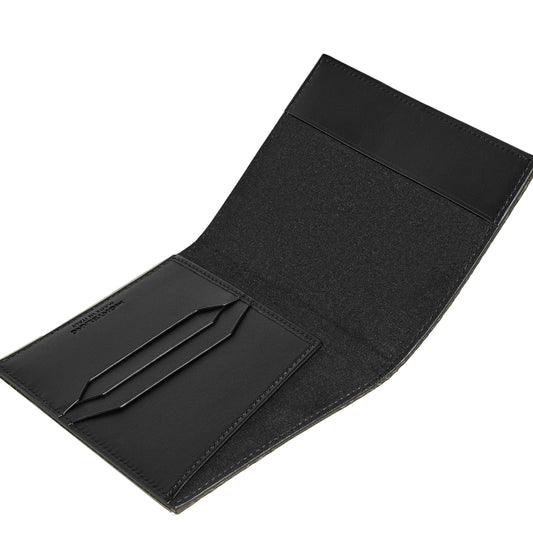 Portafoglio nero in pelle montblanc con design minimalista e tre fessure per tessere motivo testurizzato ispirato agli archivi