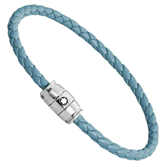 Montblanc Armband aus Edelstahl mit 3 Ringen und blauem Meisterstück-Leder, Rauchgrau, Größe M 13429363