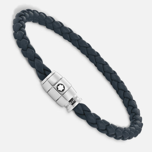 Montblanc Armband aus Stahl mit 3 Ringen und Meisterstück Leder Blau Avio Größe L 13601468