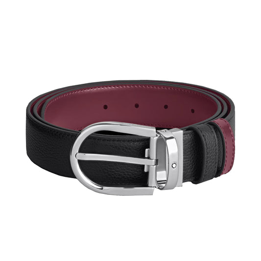 Montblanc Wendegürtel 35 mm schwarzes Narbenleder/cassis mit Hufeisen-Schließe 199665