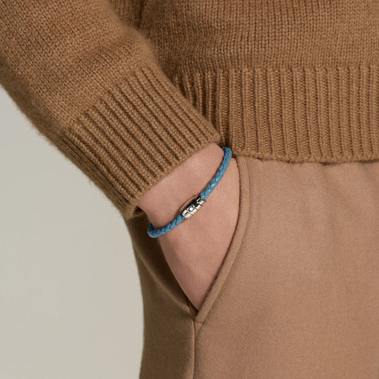 Montblanc Armband aus Edelstahl mit 3 Ringen und blauem Meisterstück-Leder, Rauchgrau, Größe M 13429363