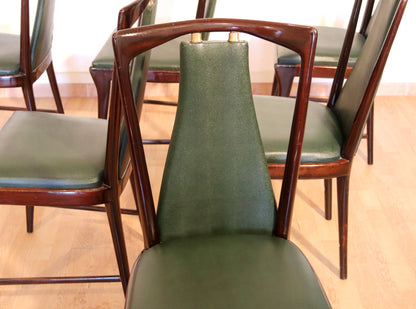 6-teiliges Set aus Mid-Century Stühlen von Osvaldo Borsani, Atelier Borsani Varedo, Mahagoni, Palisander, Leder und Messing, Italien, 1950er Jahre