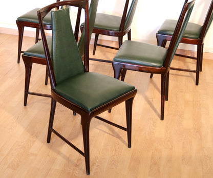 6-teiliges Set aus Mid-Century Stühlen von Osvaldo Borsani, Atelier Borsani Varedo, Mahagoni, Palisander, Leder und Messing, Italien, 1950er Jahre