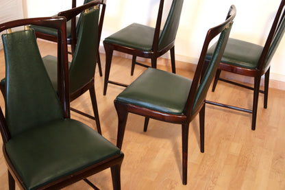 6-teiliges Set aus Mid-Century Stühlen von Osvaldo Borsani, Atelier Borsani Varedo, Mahagoni, Palisander, Leder und Messing, Italien, 1950er Jahre
