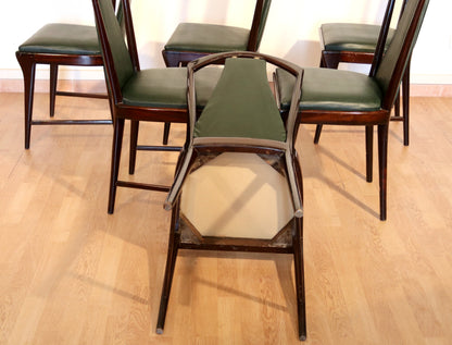 6-teiliges Set aus Mid-Century Stühlen von Osvaldo Borsani, Atelier Borsani Varedo, Mahagoni, Palisander, Leder und Messing, Italien, 1950er Jahre