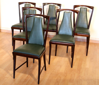 6-teiliges Set aus Mid-Century Stühlen von Osvaldo Borsani, Atelier Borsani Varedo, Mahagoni, Palisander, Leder und Messing, Italien, 1950er Jahre