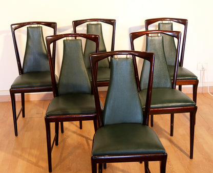 6-teiliges Set aus Mid-Century Stühlen von Osvaldo Borsani, Atelier Borsani Varedo, Mahagoni, Palisander, Leder und Messing, Italien, 1950er Jahre