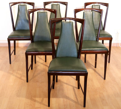6-teiliges Set aus Mid-Century Stühlen von Osvaldo Borsani, Atelier Borsani Varedo, Mahagoni, Palisander, Leder und Messing, Italien, 1950er Jahre