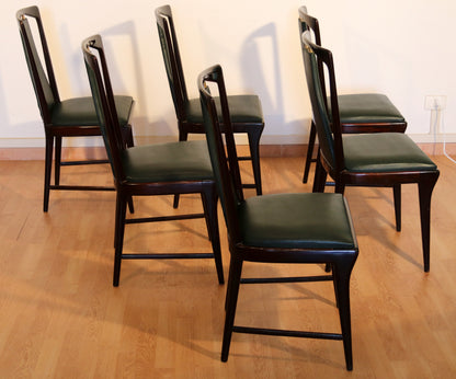 6-teiliges Set aus Mid-Century Stühlen von Osvaldo Borsani, Atelier Borsani Varedo, Mahagoni, Palisander, Leder und Messing, Italien, 1950er Jahre