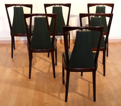 6-teiliges Set aus Mid-Century Stühlen von Osvaldo Borsani, Atelier Borsani Varedo, Mahagoni, Palisander, Leder und Messing, Italien, 1950er Jahre