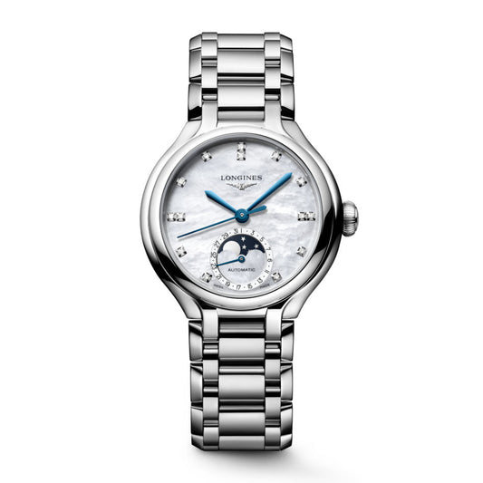 Longines Uhr Primaluna Mondphase 34mm Perlmutt Diamanten Automatik Stahl L8.126.4.87.6