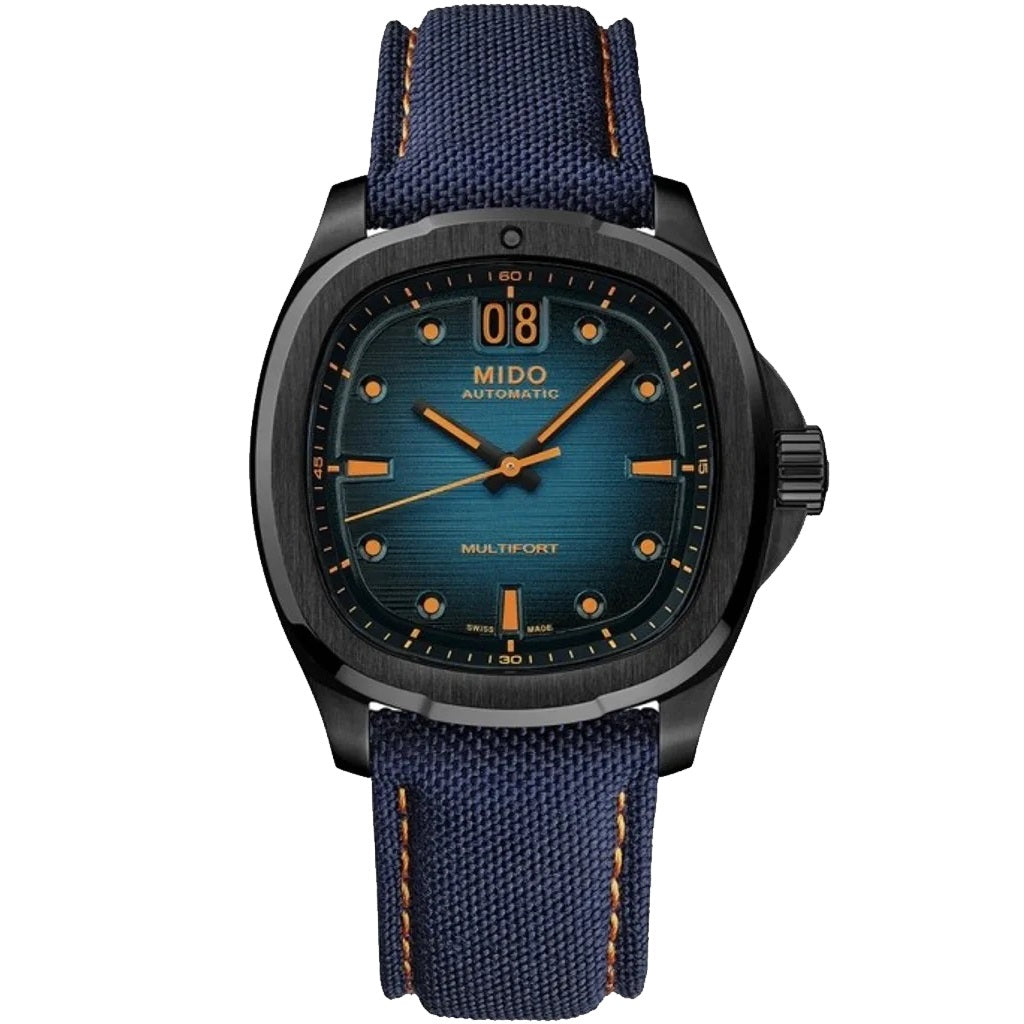 Mido Multifort TV Big Date 39x40mm blau Automatik Uhr schwarze PVD-Stahl M049.526.37.041.00