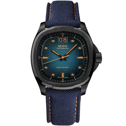 Mido Multifort TV Big Date 39x40mm blau Automatik Uhr schwarze PVD-Stahl M049.526.37.041.00