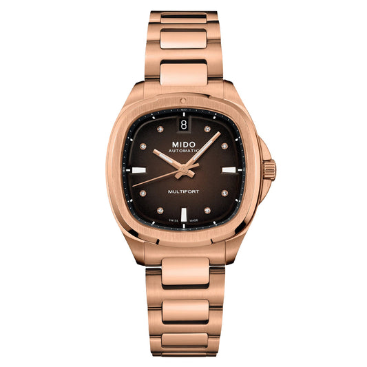 Mido Uhr Multifort TV 35mm braun Diamanten Automatik Stahl PVD Roségold-Finish M049.307.33.296.00