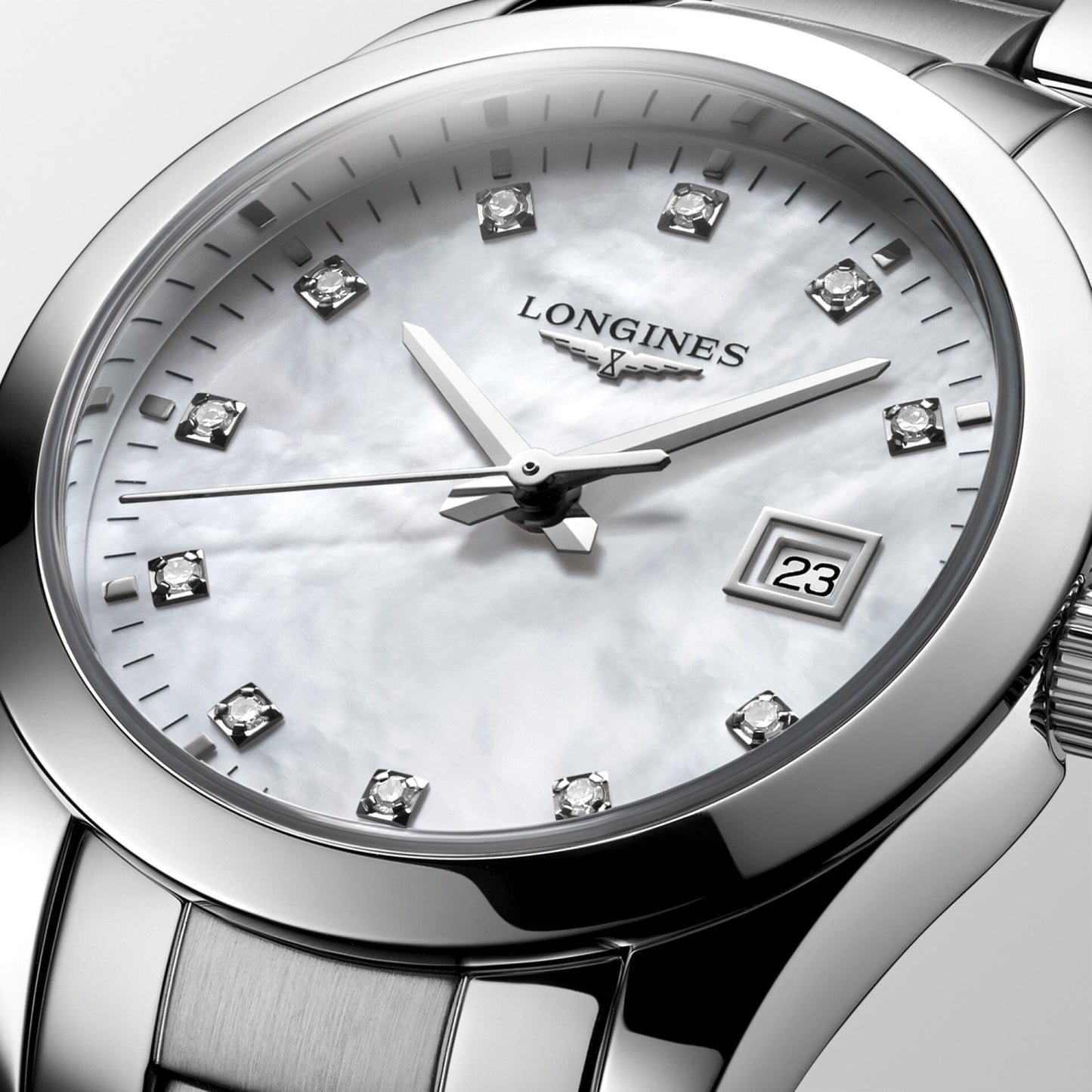 Longines Uhr Conquest Classic 29mm Perlmutt Diamanten Quarz Stahl L2.286.4.87.6