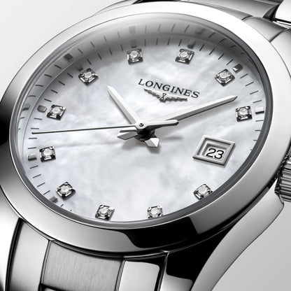 Longines Uhr Conquest Classic 29mm Perlmutt Diamanten Quarz Stahl L2.286.4.87.6