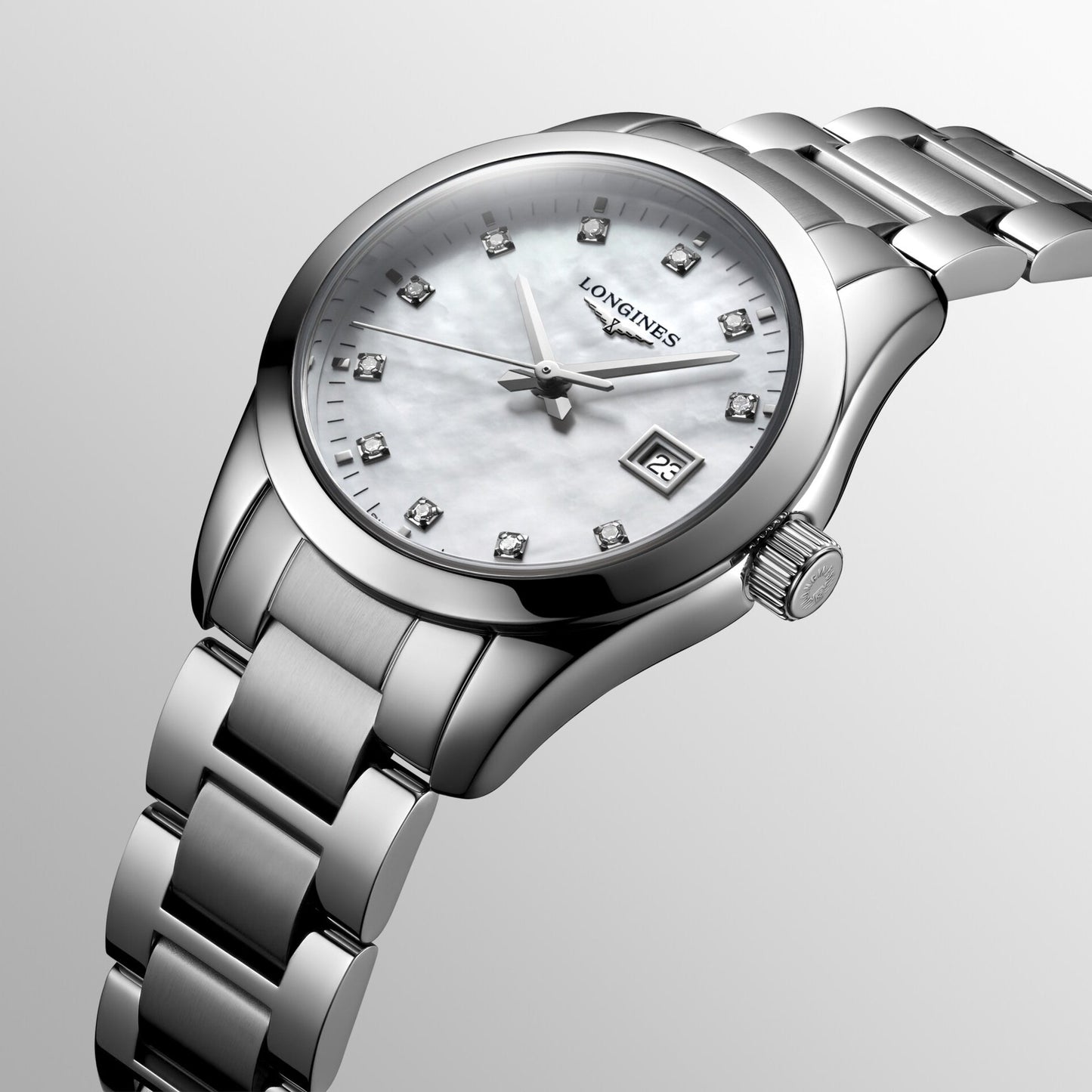 Longines Uhr Conquest Classic 29mm Perlmutt Diamanten Quarz Stahl L2.286.4.87.6