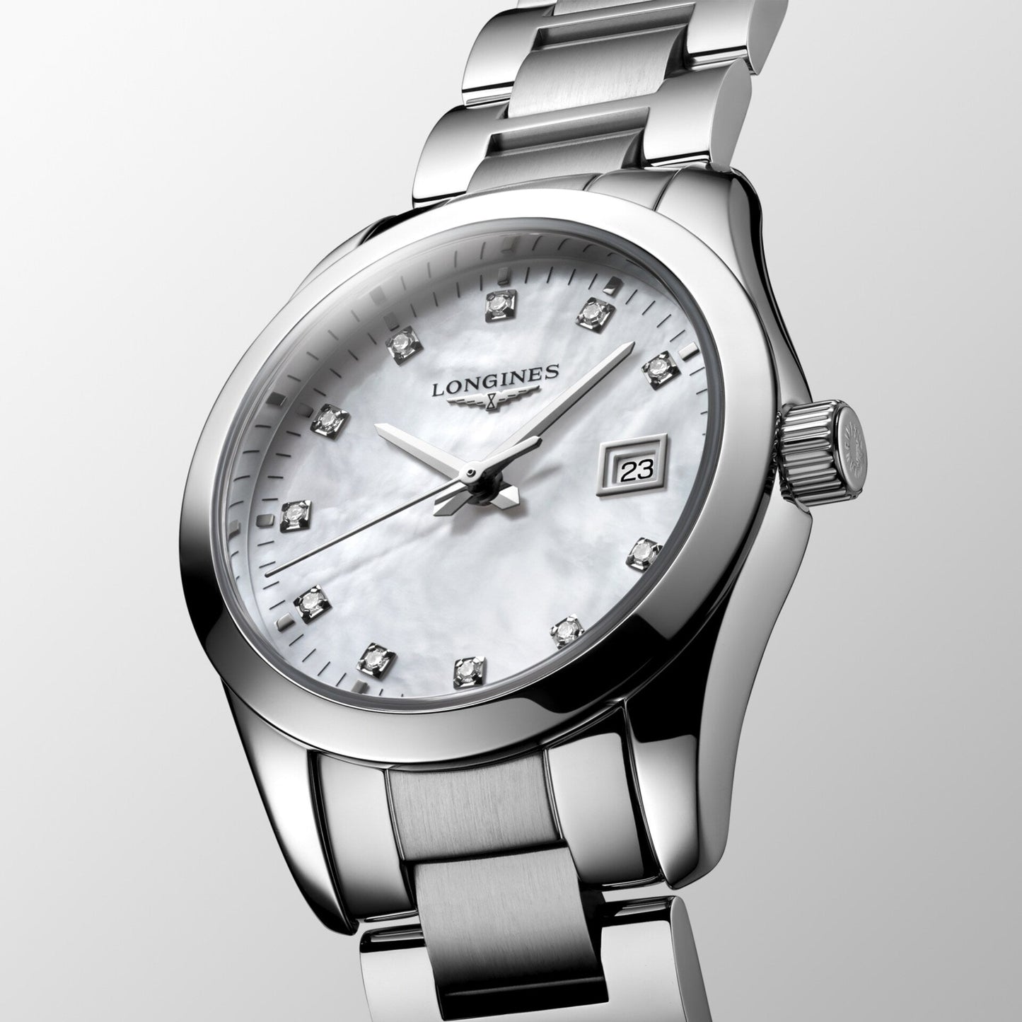 Longines Uhr Conquest Classic 29mm Perlmutt Diamanten Quarz Stahl L2.286.4.87.6