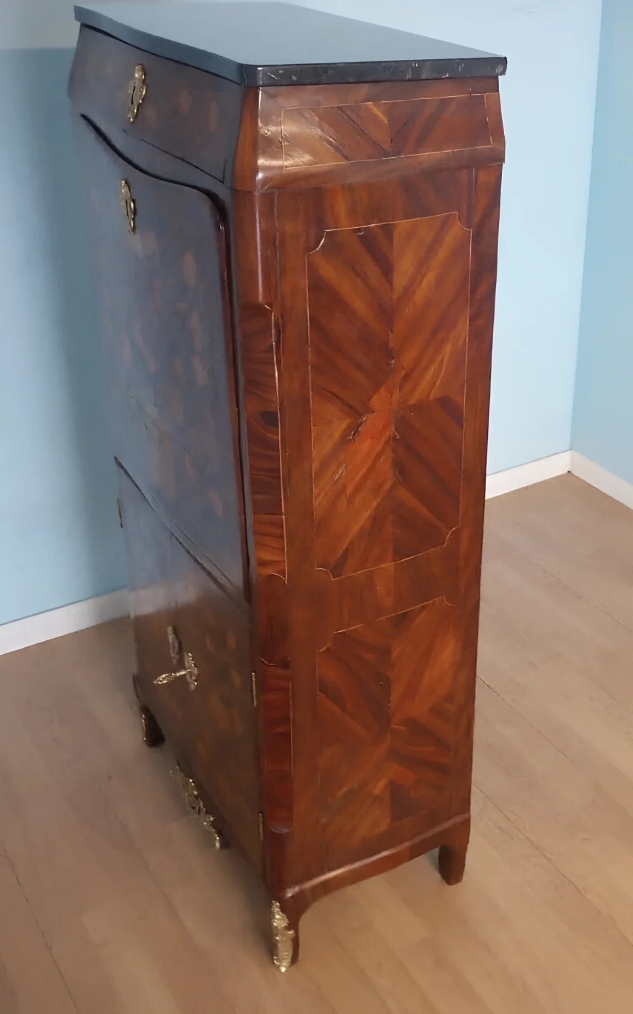 Tall wooden cassettiera secrétaire luigi xvi with decorative inlay and brass hardware in wood and marble from 1800