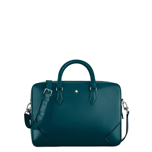 Porta documenti montblanc meisterstück in pelle blu cipro con design minimalista e dettagli in metallo argentato