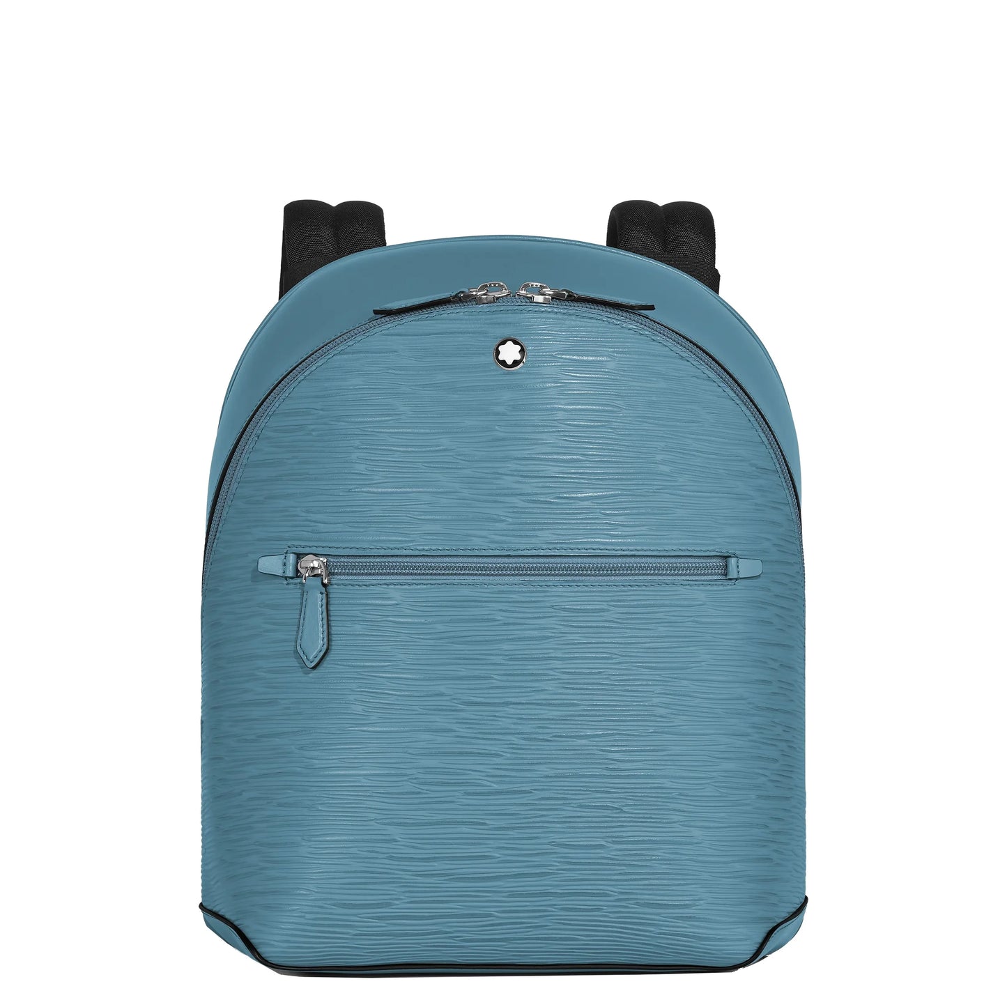 Montblanc zaino piccolo 4810 in pelle blu fumo con texture, mini zaino elegante con cerniere argento e tracolle nere