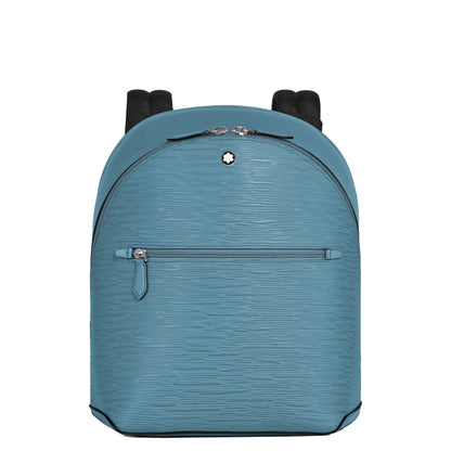 Montblanc zaino piccolo 4810 in pelle blu fumo con texture, mini zaino elegante con cerniere argento e tracolle nere