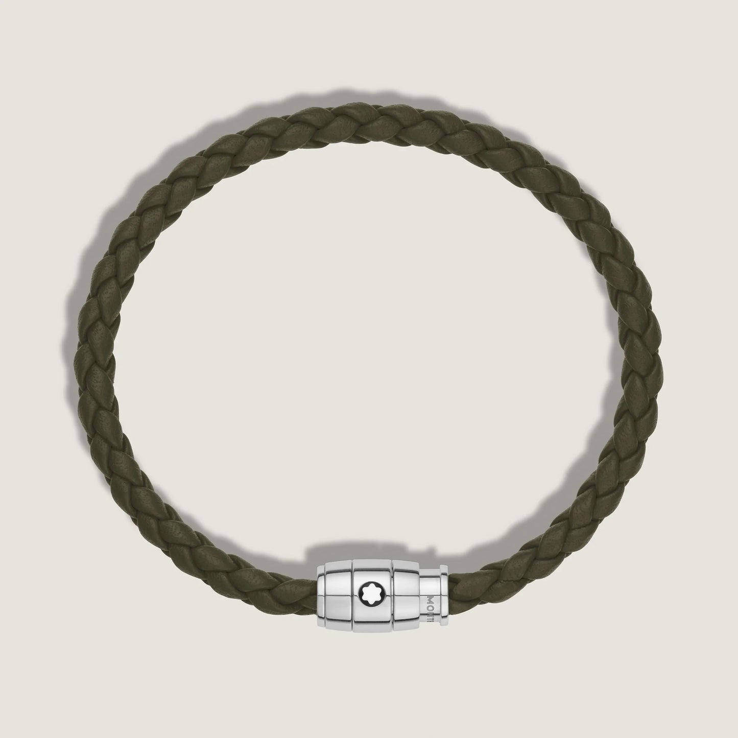 Montblanc bracciale in pelle kaki intrecciata con chiusura magnetica in acciaio pregiato lucido impreziosito dallemblema