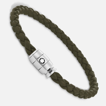 Bracciale montblanc kaki in pelle intrecciata con chiusura magnetica in acciaio pregiato lucido impreziosito dallemblema