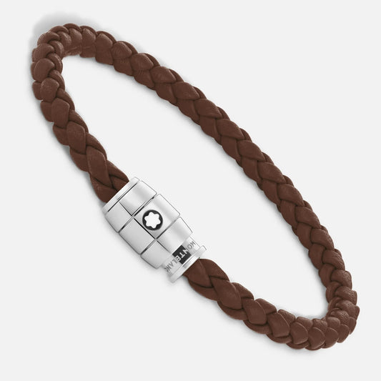 Bracciale marrone fulvo in pelle intrecciata con chiusura magnetica in acciaio pregiato lucido impreziosito montblanc