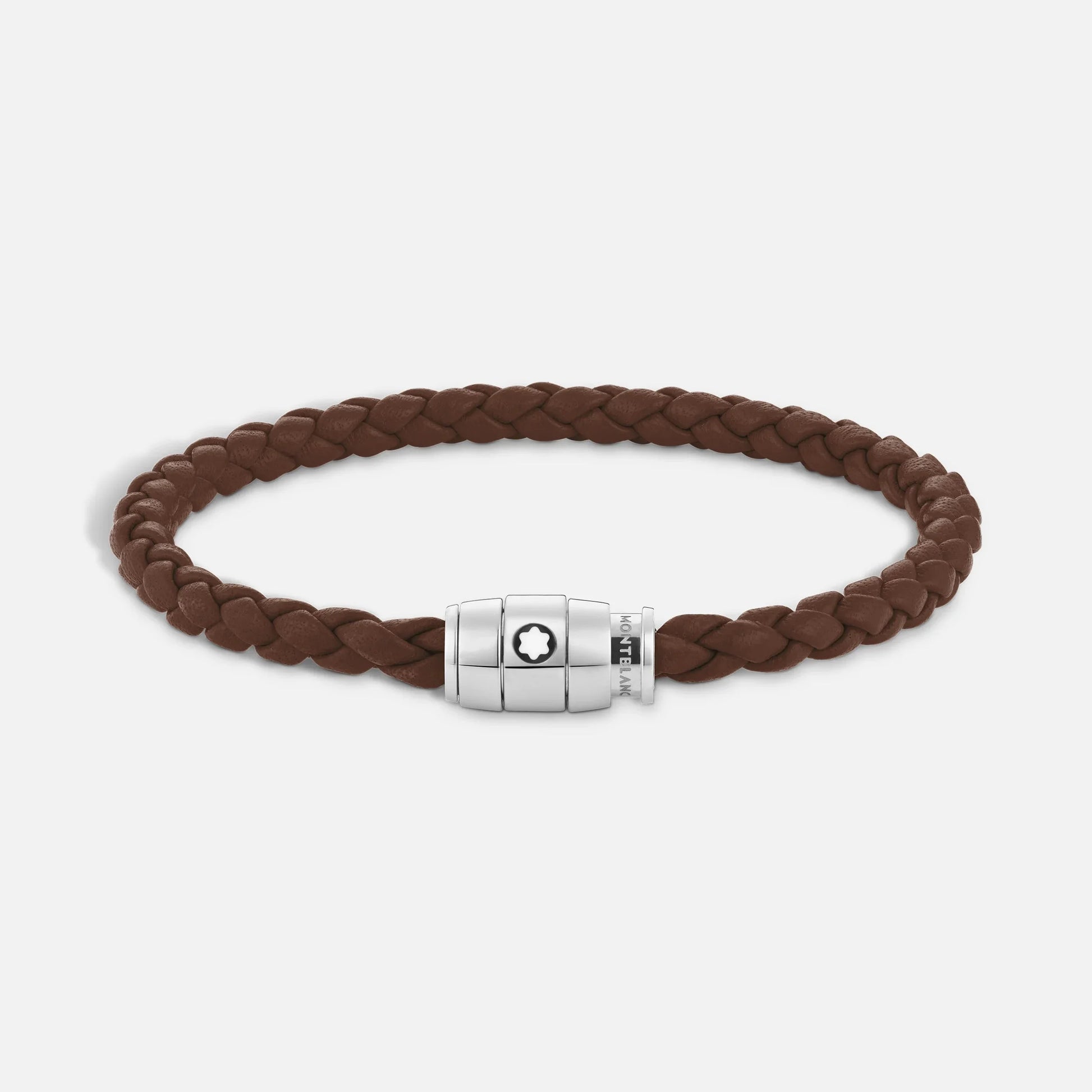 Bracciale montblanc marrone fulvo in pelle intrecciata con chiusura magnetica in acciaio pregiato lucido