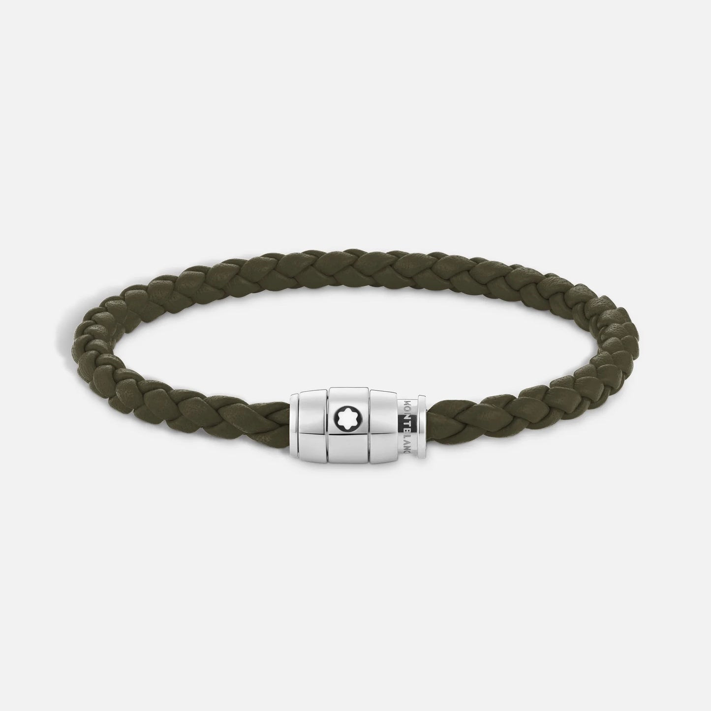 Montblanc bracciale kaki in pelle intrecciata con chiusura magnetica in acciaio pregiato lucido impreziosito