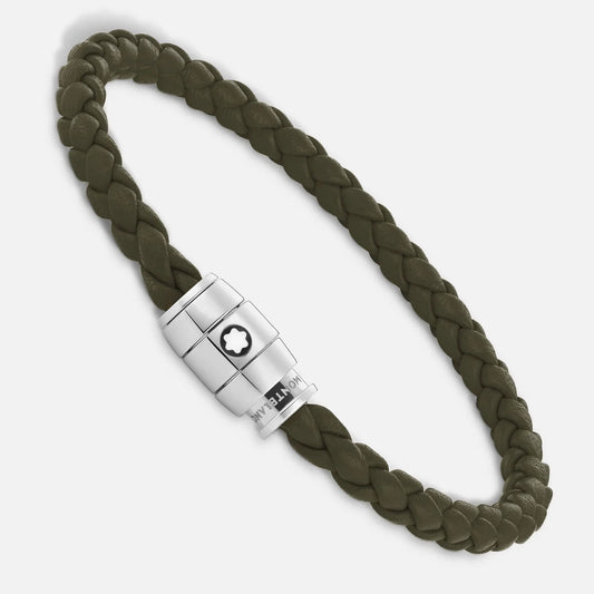 Bracciale montblanc in pelle kaki intrecciata con chiusura magnetica in acciaio pregiato lucido impreziosito