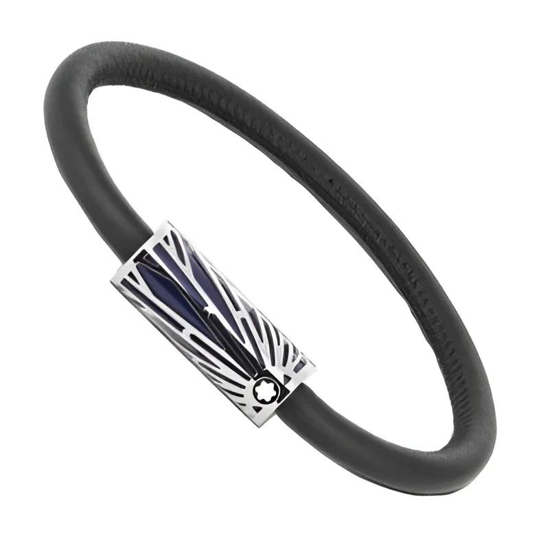 Bracciale Montblanc Meisterstück in pelle nera con chiusura rettangolare in argento della collezione The Origin