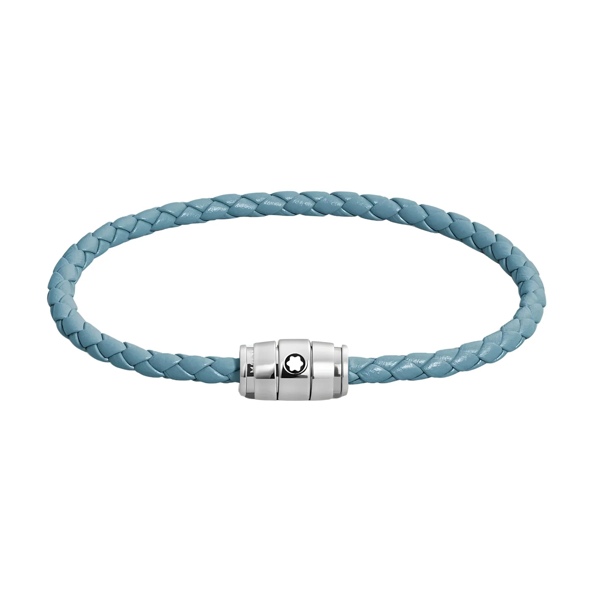 Bracciale montblanc in pelle meisterstück blu fumè con tre anelli e chiusura magnetica in acciaio argento