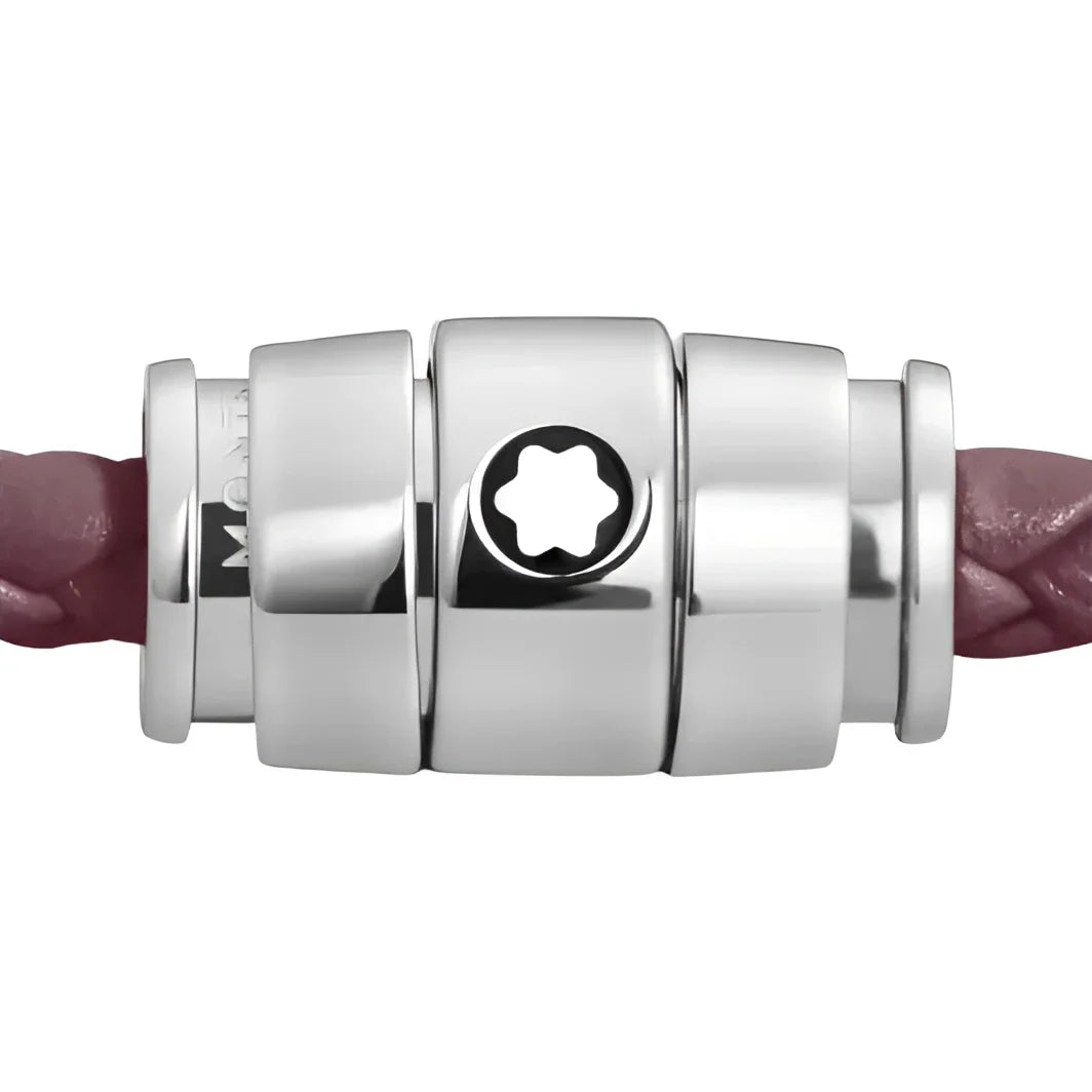Chiusura in acciaio tono argento con emblema a stella per bracciale in pelle meisterstück cassis intrecciata bordeaux misura s