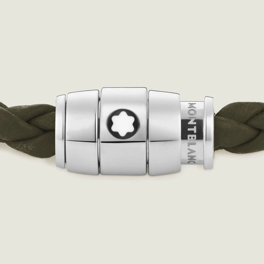 Bracciale montblanc in acciaio pregiato lucido con chiusura magnetica e corda in pelle intrecciata kaki misura L
