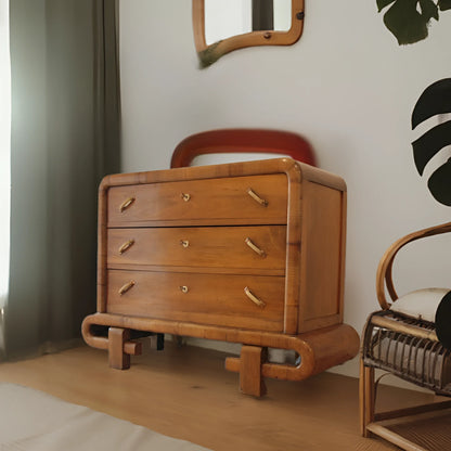 Cassettiera in noce art decò con tre cassetti e dettagli curvi stile anni 50 mid century modern italiana dario raia antiquariato