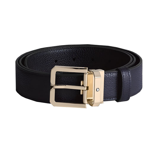 Elegante montblanc cintura 35mm in pelle nera reversibile con fibbia a ferro di cavallo finitura oro chiaro