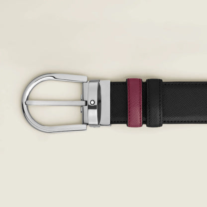 Montblanc cintura reversibile 35 mm in raffinata pelle liscia nera e cassis con fibbia a ferro di cavallo in argento