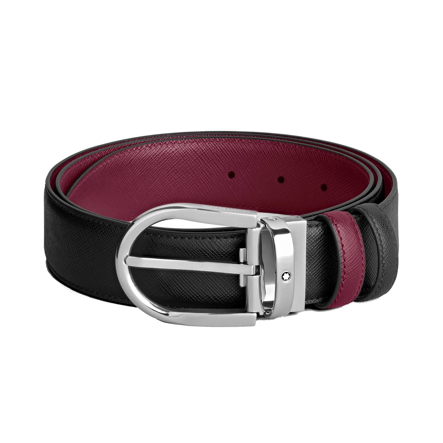 Montblanc cintura reversibile 35 mm in raffinata pelle liscia nera e cassis con fibbia a ferro di cavallo argento