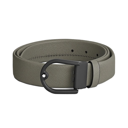 Montblanc elegante cintura tubolare in pelle grigio medio con fibbia a ferro di cavallo e fibbia d anello nero opaco