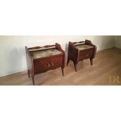 Comodini in Palissandro anni ’50 con design vintage e dettagli in ottone, mid-century moderno italiano