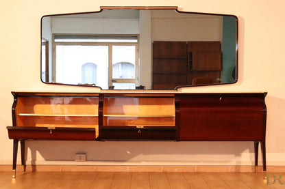 Credenza di metà secolo di osvaldo borsani in mogano palissandro e onice con ante in vetro e specchio design italiano modernista