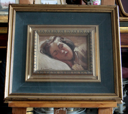 Framed painting bambina dormiente by Francesco Galante featuring a sleeping woman signed opera