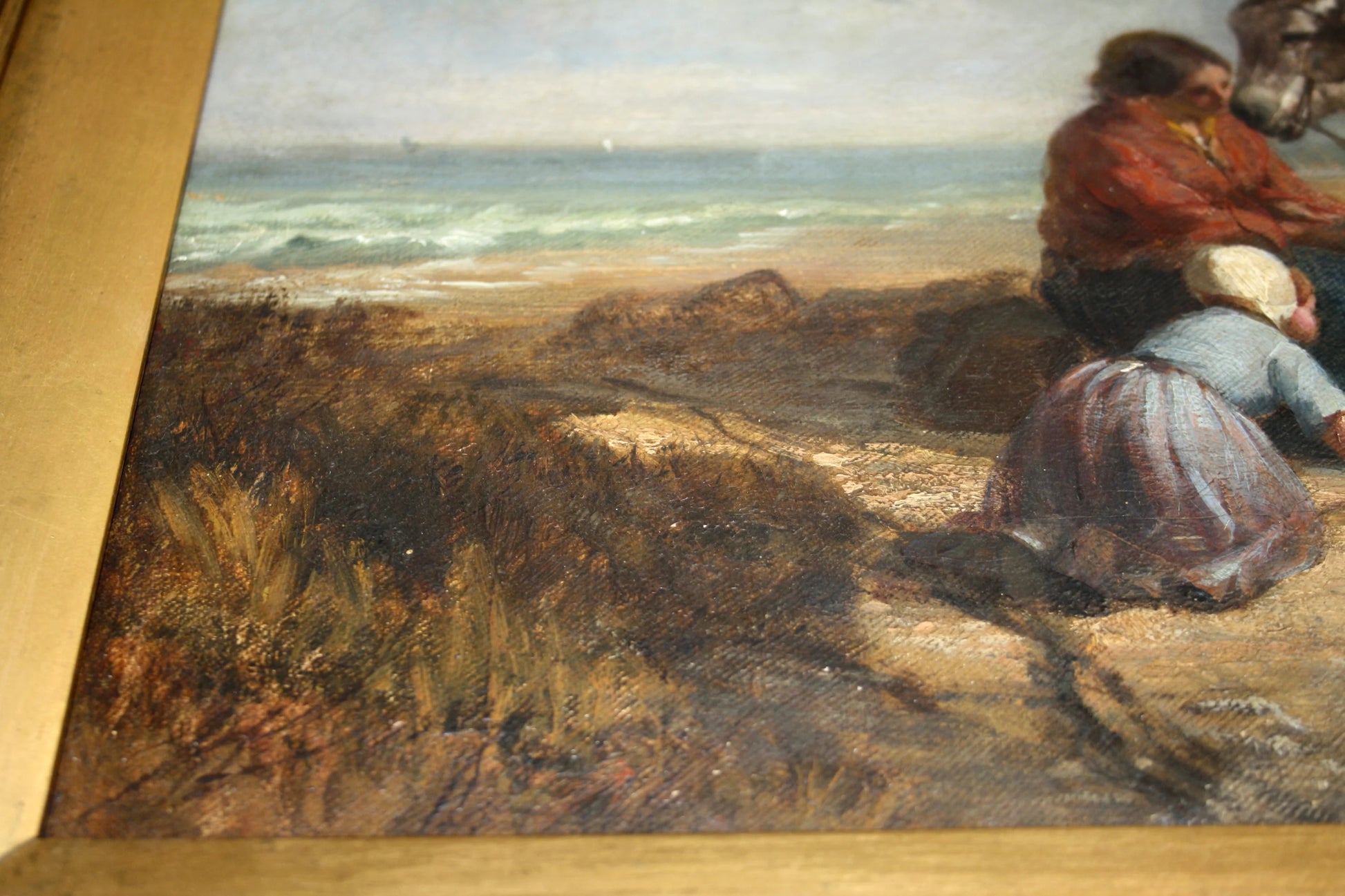 Painting of south coast gatherers with purple and brown figures on sandy shore by joseph paul pettitt and george young