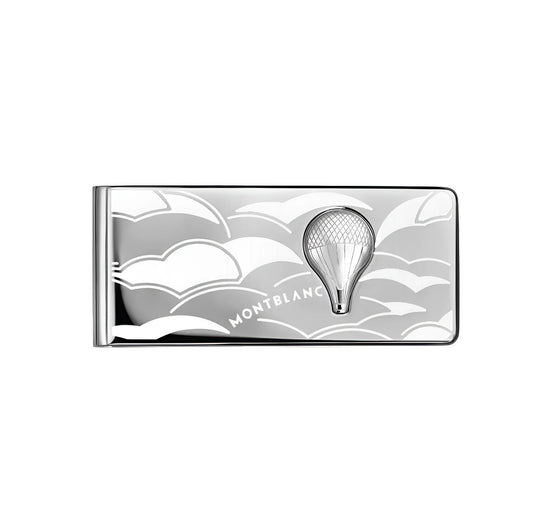 Silver montblanc fermasoldi meisterstück around the world in 80 days con incisione mongolfiera e nuvole