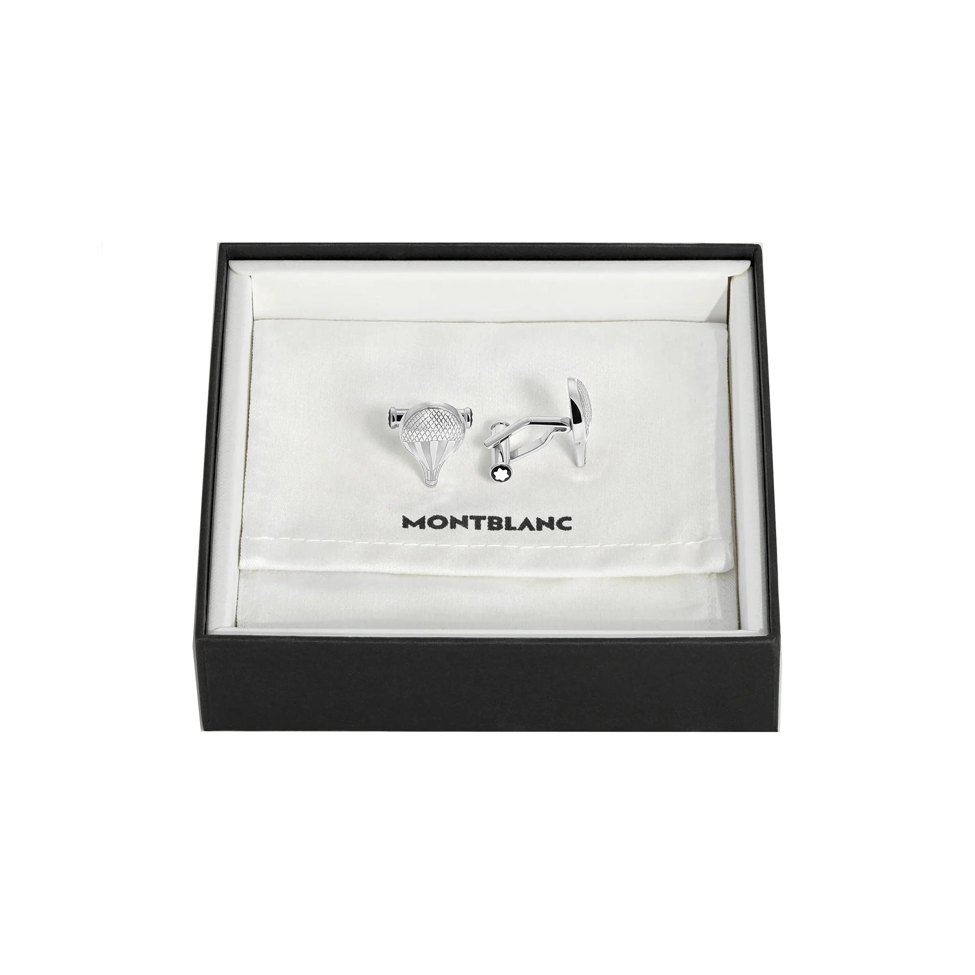 Coppia di gemelli montblanc meisterstück argentati con design lavorato a diamante e finitura lucida per around the world